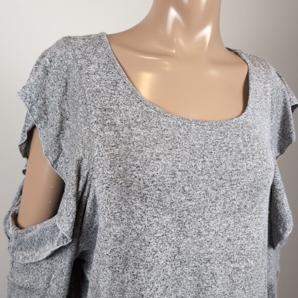 3/$20 Reitmans Ruffled Cold Shoulder Top Long Sleeve Stretch Knit Scoop Neck - Picture 3 of 9